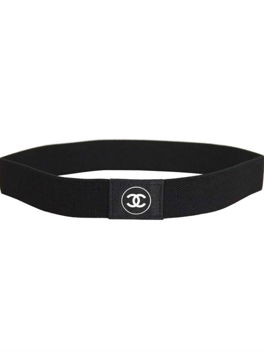 CHANEL Black Elastic headband with White CC Logo Patch